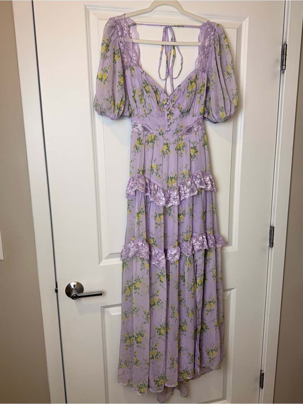 ASOS DESIGN Open Back Lace Insert Midi Tea Dress in Lilac Ditsy Floral US 6 - Picture 5 of 13